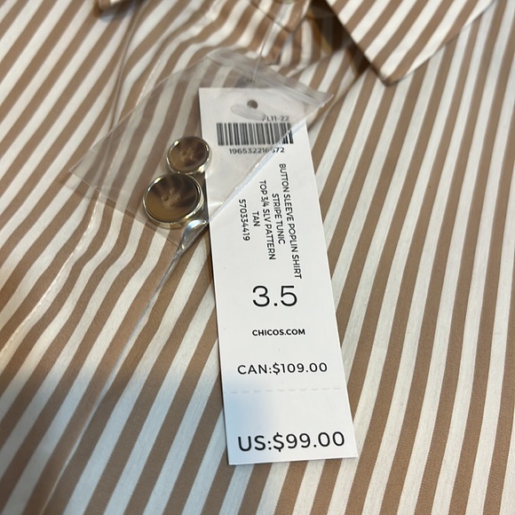 NWT Chico’s button sleeve poplin shirt/striped tunic tan and cream size 3.5 - Picture 3 of 8